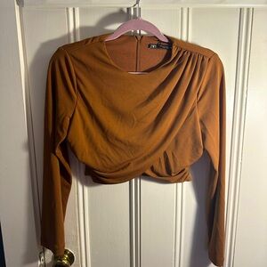 Zara Rust Brown Long Sleeve Cropped Twist Top